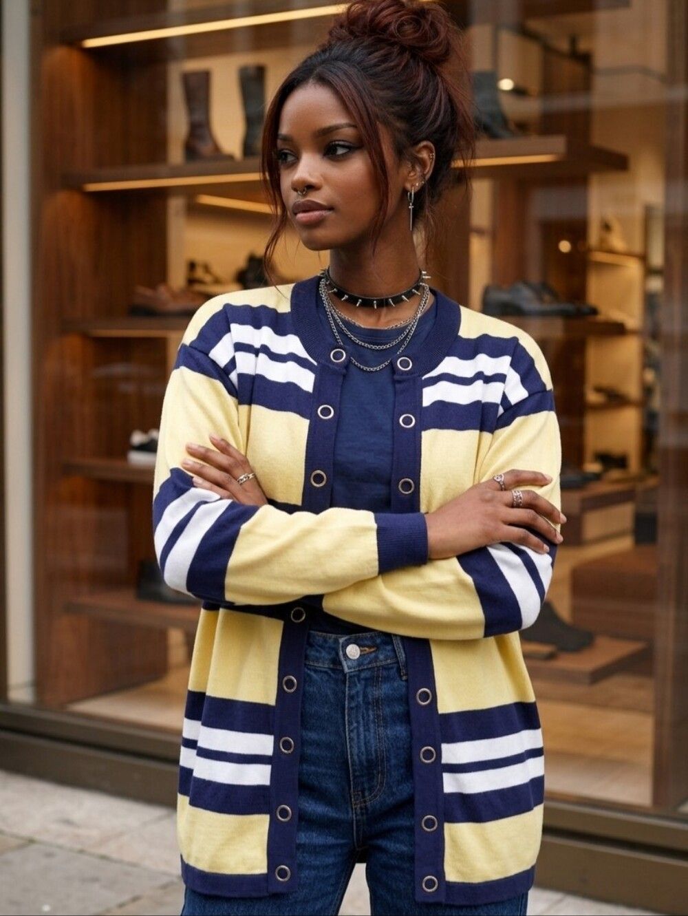 🔹️Vintage Knights Ltd Yellow Striped Buttoned Cardigan Sweater Medium